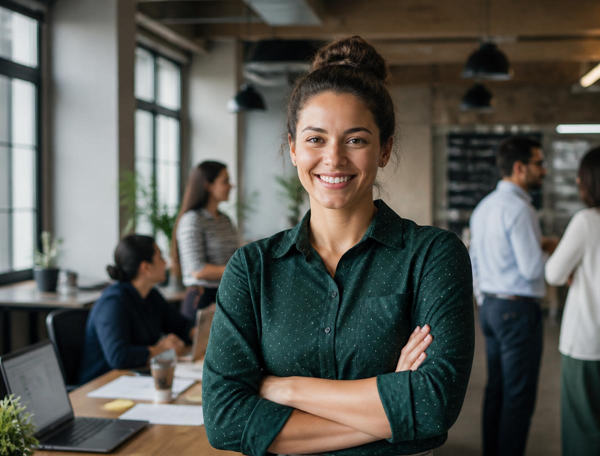 An operations manager smiling in an open-plan office with colleagues working behind her